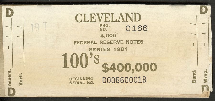 Fr.2169-D, BEP $400,000 Brick Packaging Label, 1981 Cleveland $100 FRNs, D-B Block